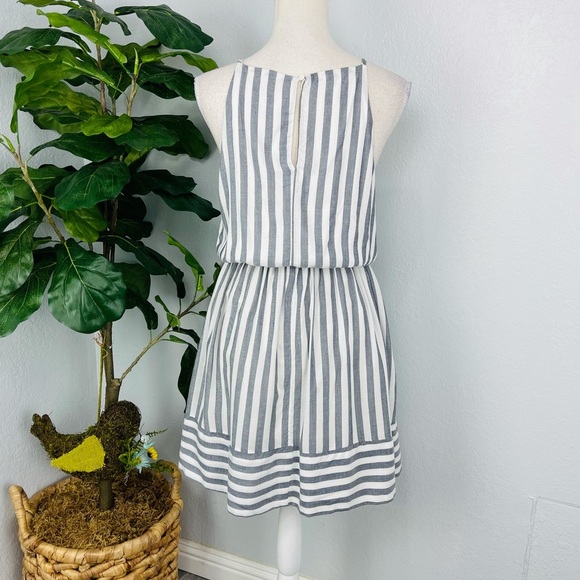 AQUA LIGHT GREY BLUE AND WHITE STRIPE HALTER TOP DRESS - Picture 2 of 3